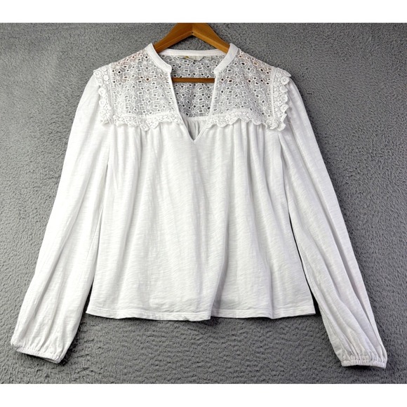 Boden Tops - Boden Blouse Womens Size 10 White Eyelet V-Neck Long Sleeve Cotton Blend Boden